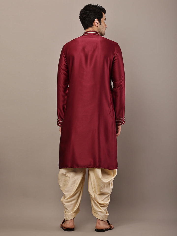 Viscose Men’s Maroon Embroidered Kurta with Contrast Threadwork &  Motif | SHOBITAM
