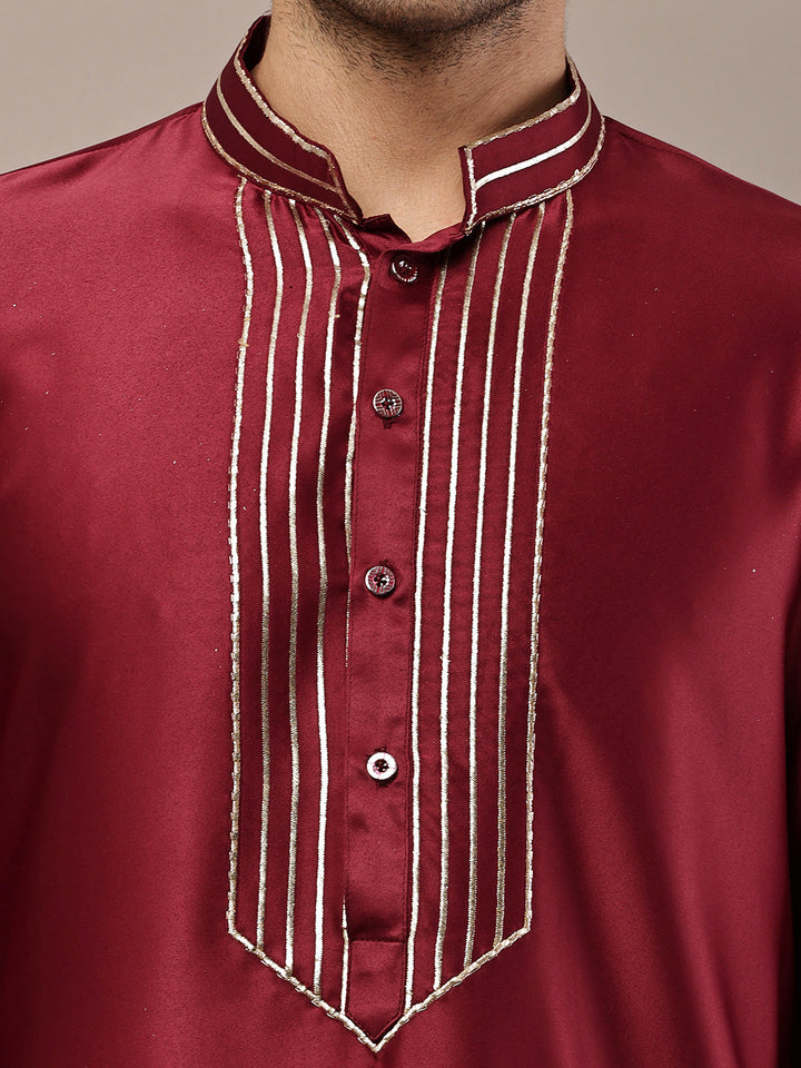 Viscose Men’s Maroon Embroidered Kurta with Contrast Threadwork &  Motif | SHOBITAM