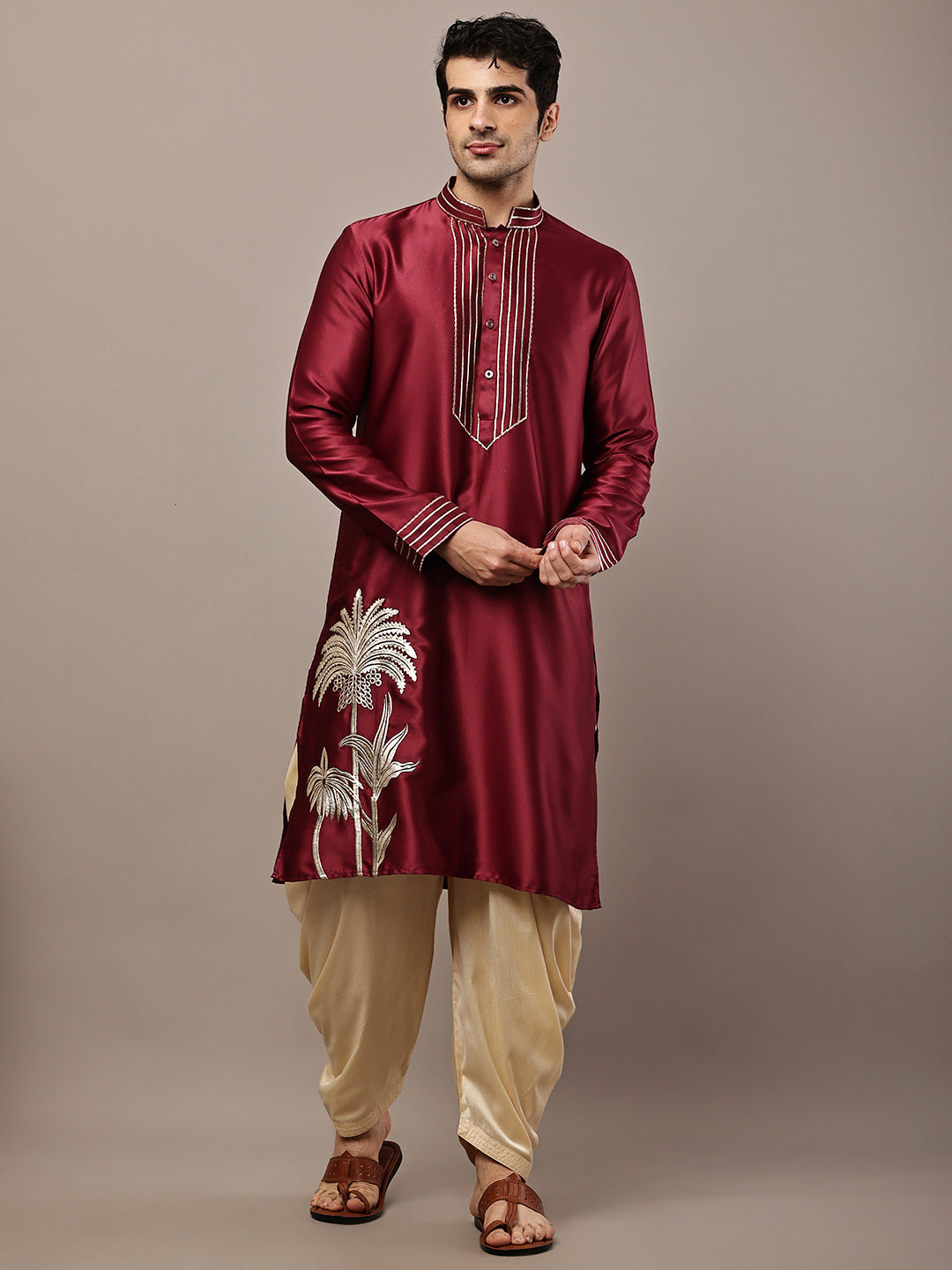 Viscose Men’s Maroon Embroidered Kurta with Contrast Threadwork &  Motif | SHOBITAM