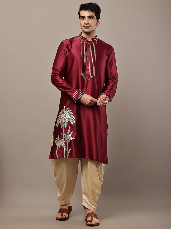 Viscose Men’s Maroon Embroidered Kurta with Contrast Threadwork &  Motif | SHOBITAM