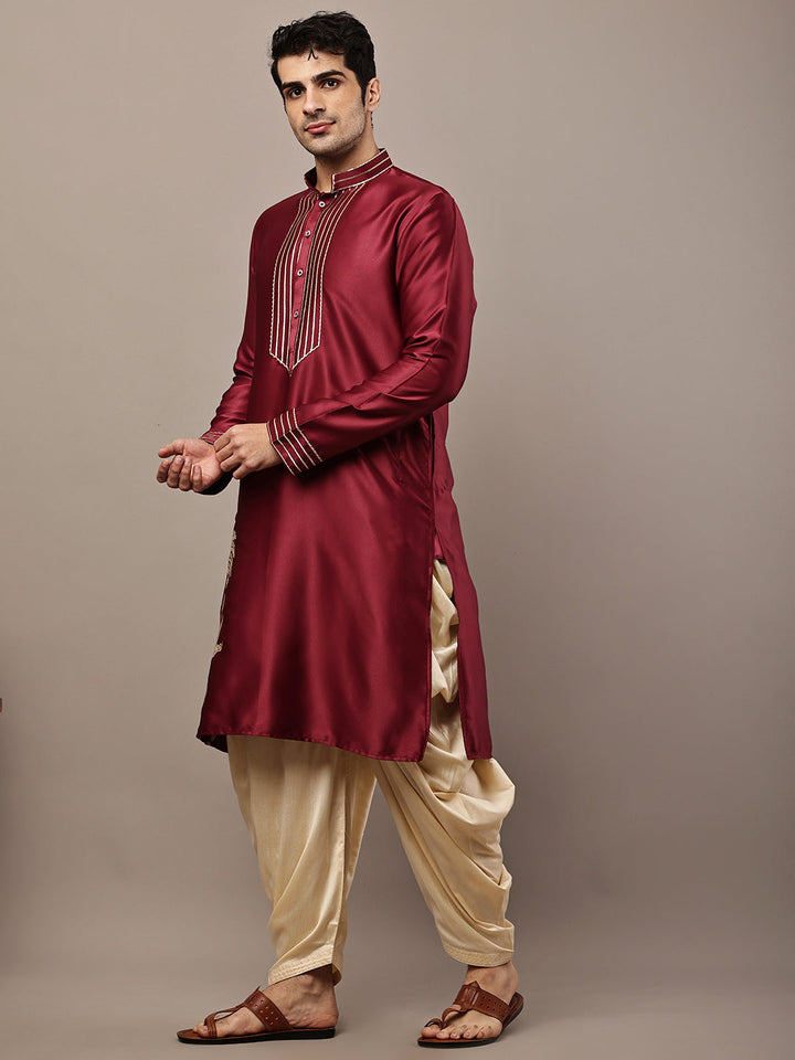 Viscose Men’s Maroon Embroidered Kurta with Contrast Threadwork &  Motif | SHOBITAM