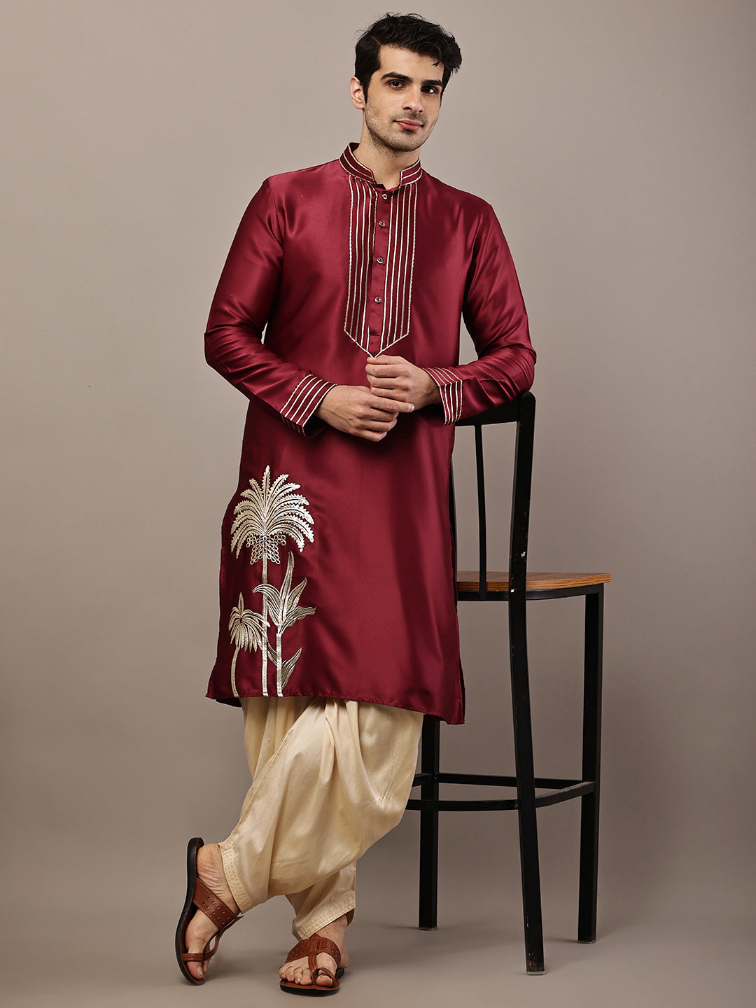Viscose Men’s Maroon Embroidered Kurta with Contrast Threadwork &  Motif | SHOBITAM