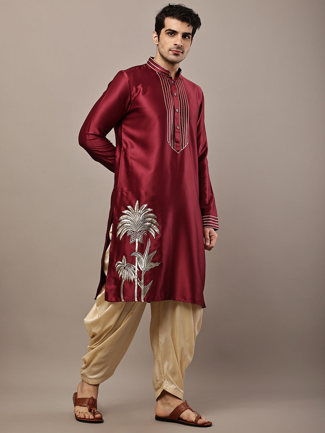 Viscose Men’s Maroon Embroidered Kurta with Contrast Threadwork &  Motif | SHOBITAM