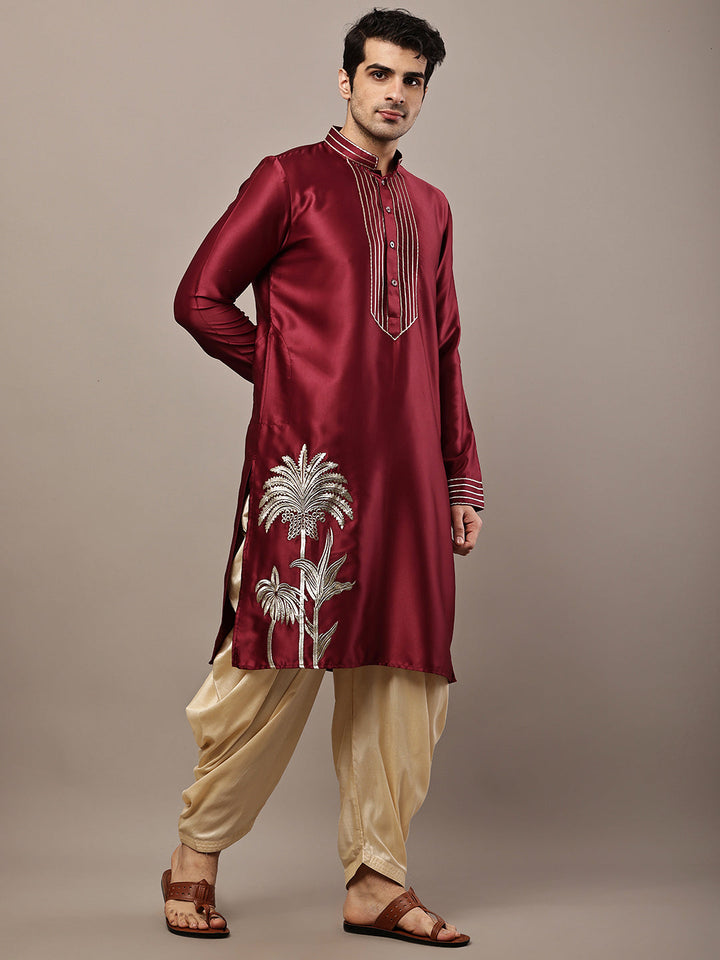 Viscose Men’s Maroon Embroidered Kurta with Contrast Threadwork &  Motif | SHOBITAM