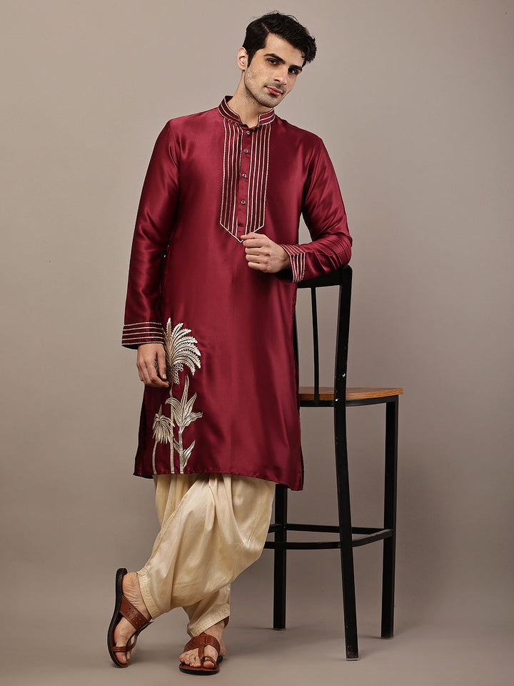 Viscose Men’s Maroon Embroidered Kurta with Contrast Threadwork &  Motif | SHOBITAM