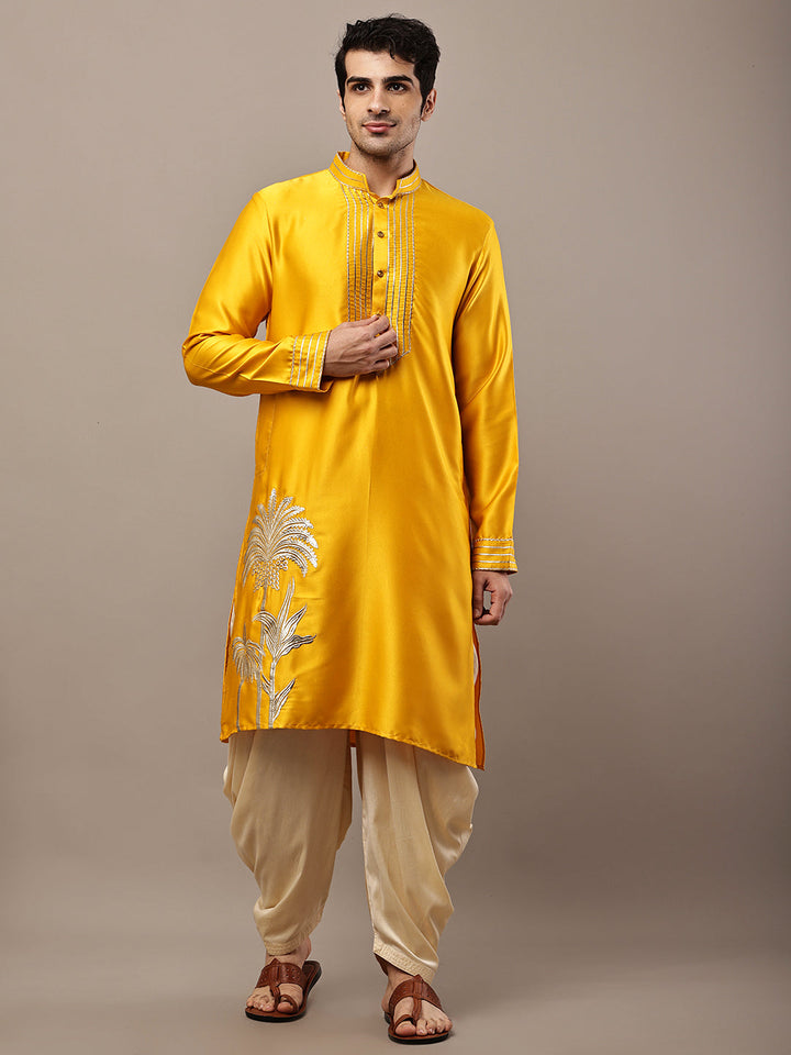 Viscose Men’s Yellow Embroidered Kurta with Contrast Threadwork &  Motif | SHOBITAM