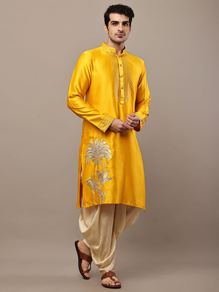 Men’s Yellow Embroidered Kurta with Contrast Threadwork & Decorative Motif Kurta Pyjama Set | SHOBITAM