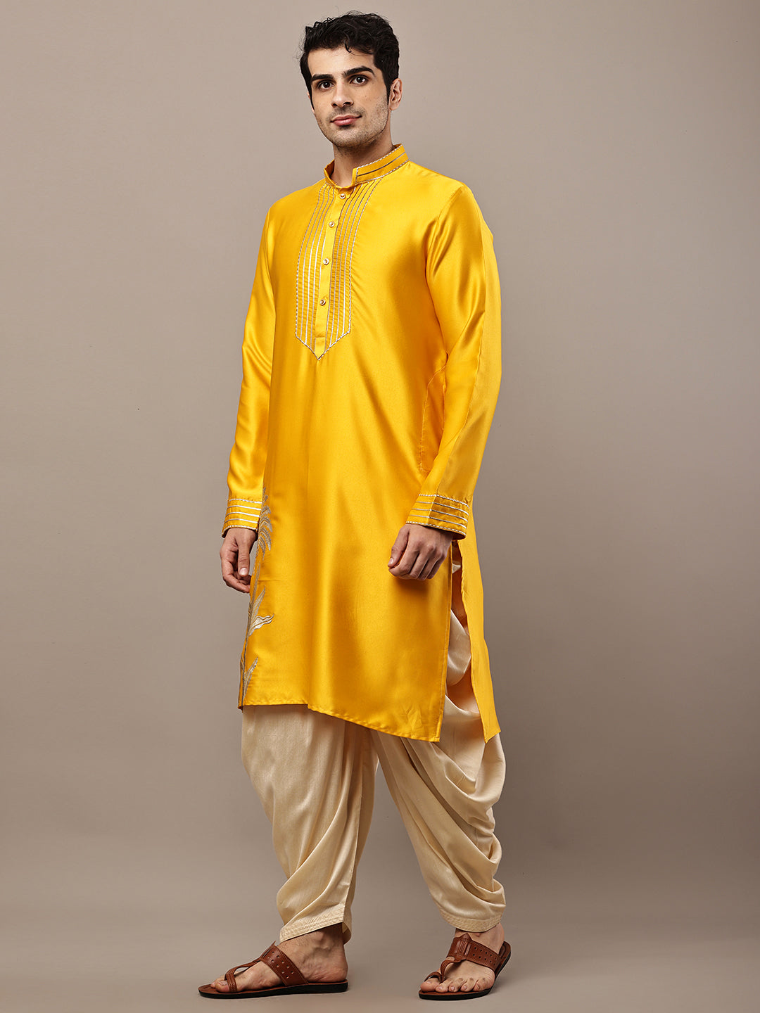 Viscose Men’s Yellow Embroidered Kurta with Contrast Threadwork &  Motif | SHOBITAM