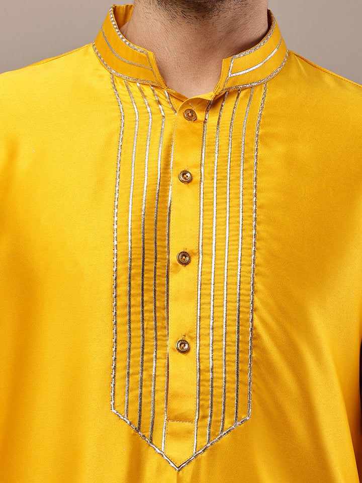 Men’s Yellow Embroidered Kurta with Contrast Threadwork & Decorative Motif Kurta Pyjama Set | SHOBITAM