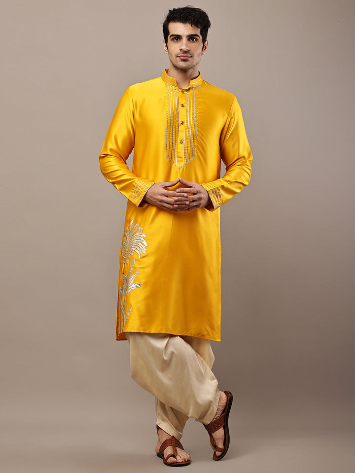 Viscose Men’s Yellow Embroidered Kurta with Contrast Threadwork &  Motif | SHOBITAM