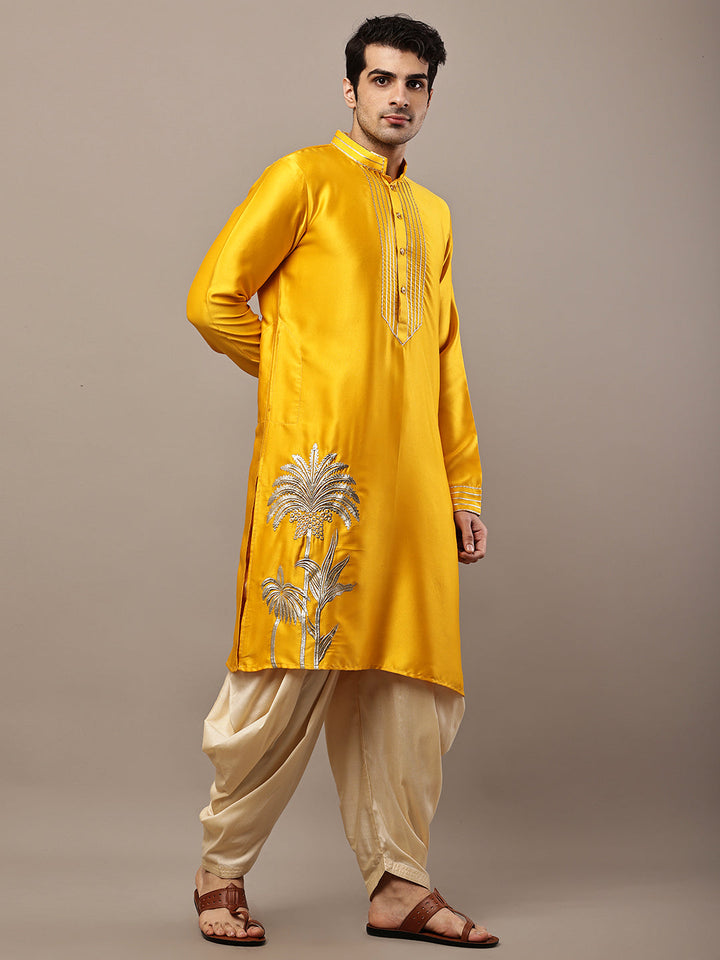 Viscose Men’s Yellow Embroidered Kurta with Contrast Threadwork &  Motif | SHOBITAM