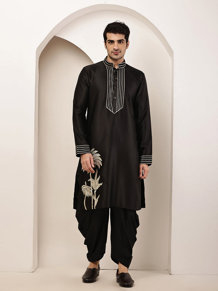 Men’s Black Embroidered Kurta with Contrast Threadwork & Decorative Motif Kurta Pyjama Set | SHOBITAM