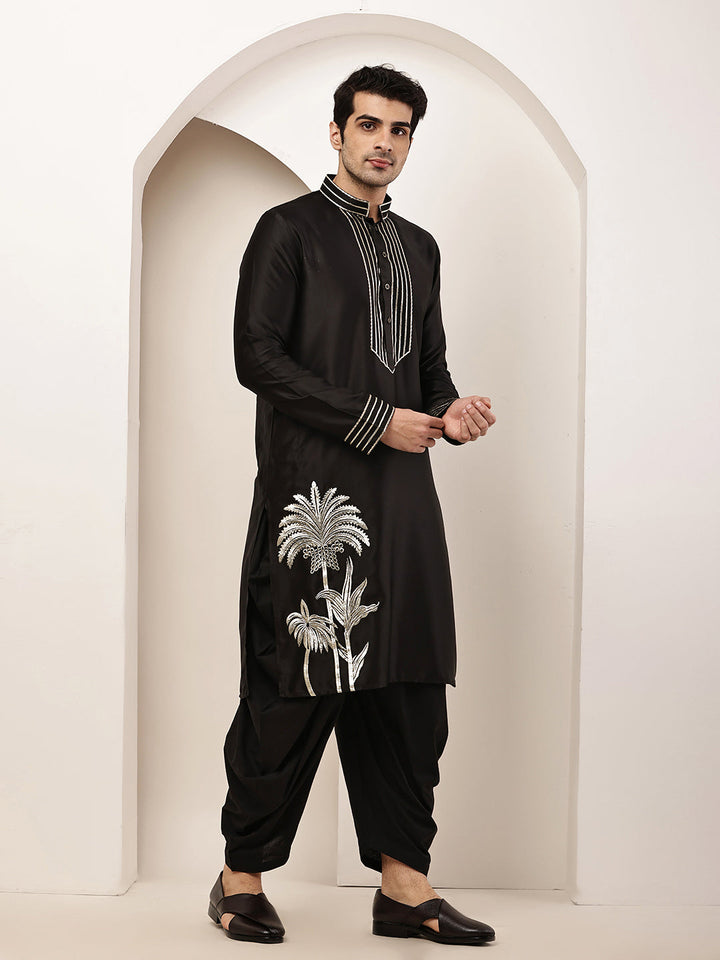 Men’s Black Embroidered Kurta with Contrast Threadwork & Decorative Motif Kurta Pyjama Set | SHOBITAM