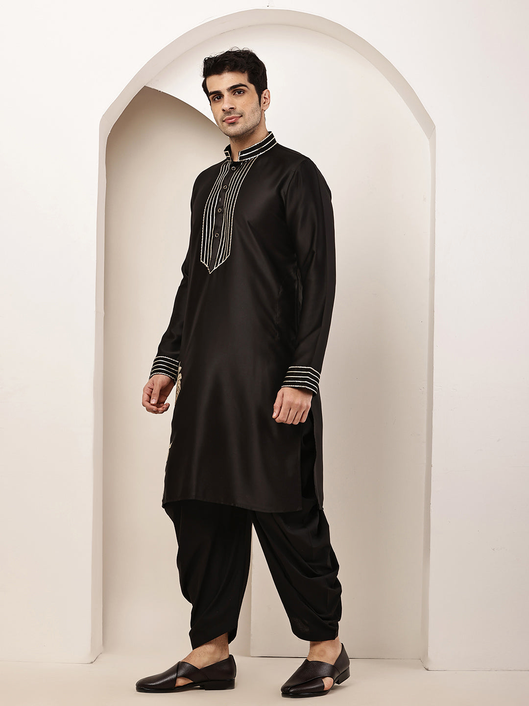 Men’s Black Embroidered Kurta with Contrast Threadwork & Decorative Motif Kurta Pyjama Set | SHOBITAM