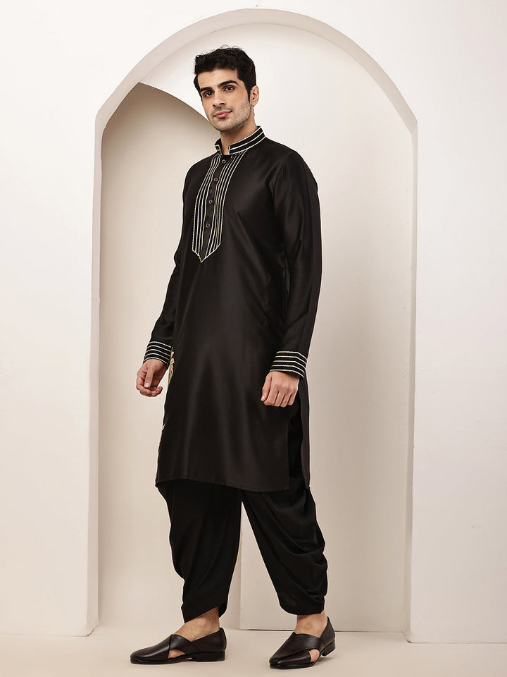 Men’s Black Embroidered Kurta with Contrast Threadwork & Decorative Motif Kurta Pyjama Set | SHOBITAM