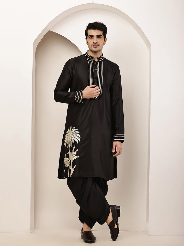 Viscose Men’s Black Embroidered Kurta with Contrast Threadwork &  Motif | SHOBITAM