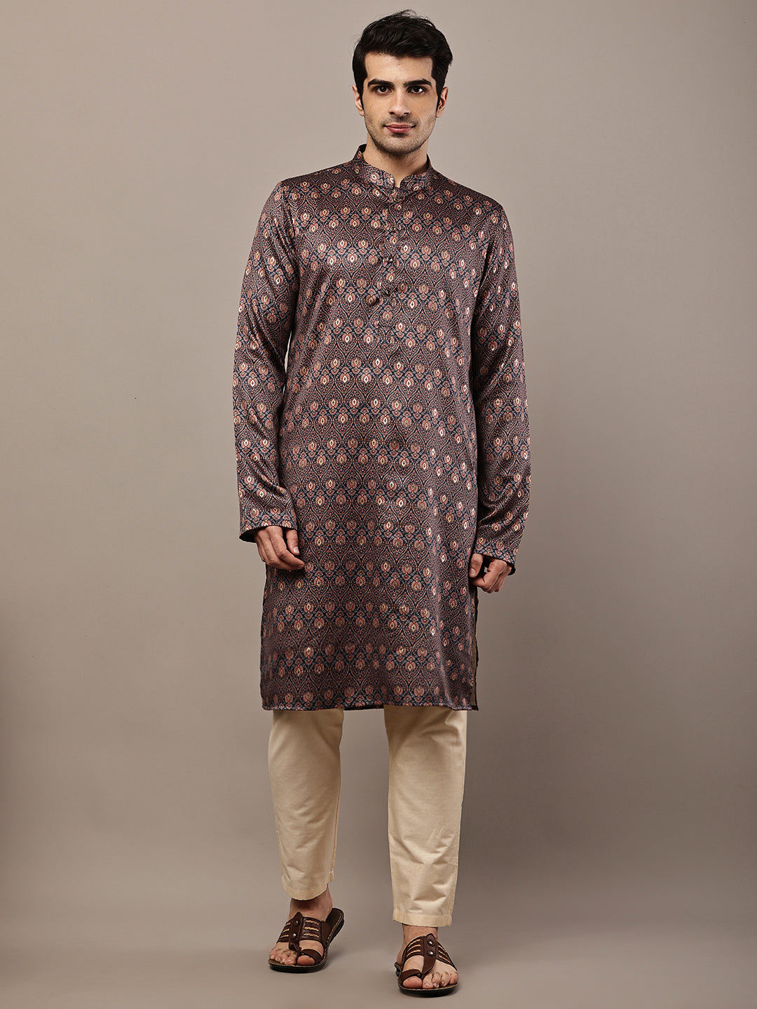 Men’s Brown Printed Kurta Pyjama Set | SHOBITAM