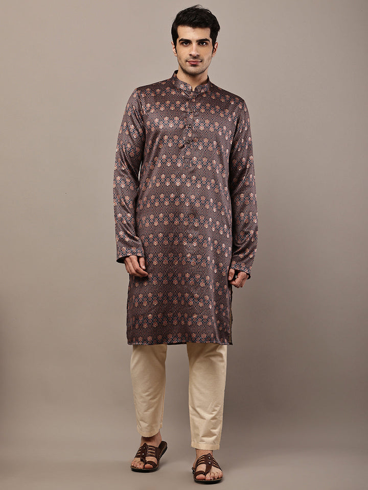 Men’s Brown Printed Kurta | SHOBITAM