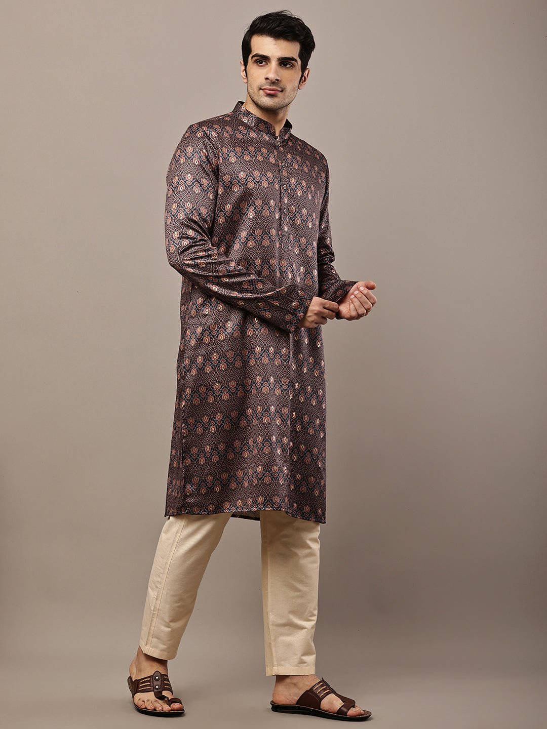 Men’s Brown Printed Kurta Pyjama Set | SHOBITAM