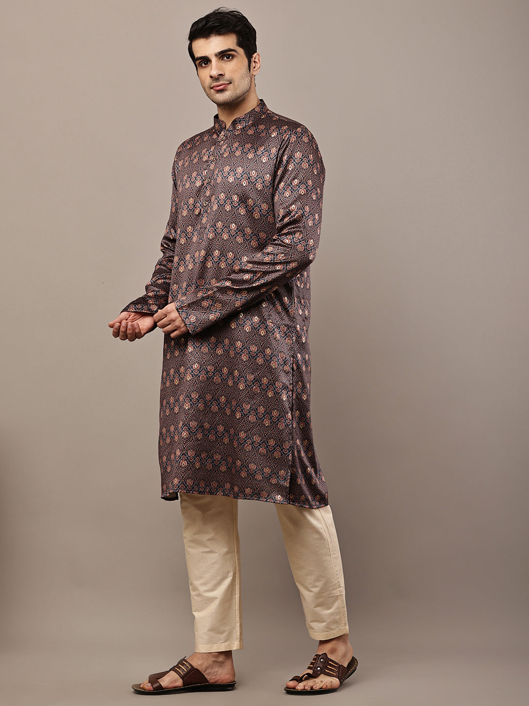 Men’s Brown Printed Kurta | SHOBITAM
