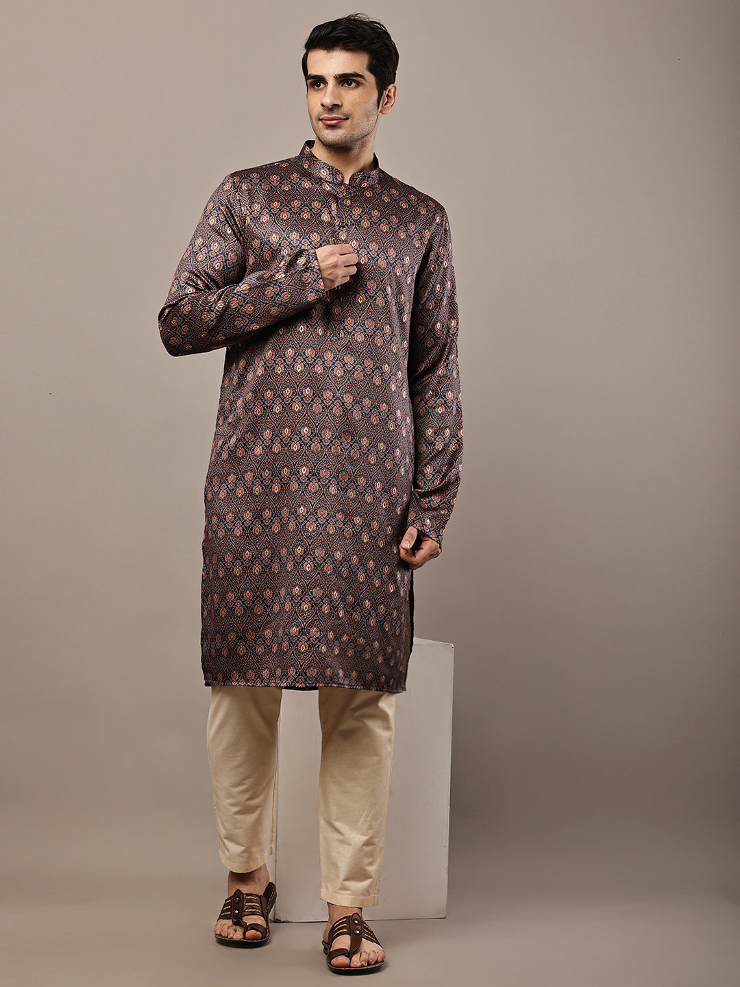 Men’s Brown Printed Kurta | SHOBITAM