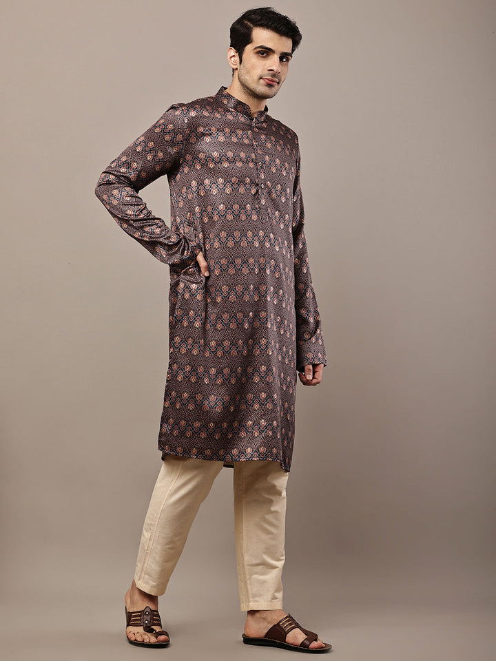 Men’s Brown Printed Kurta | SHOBITAM