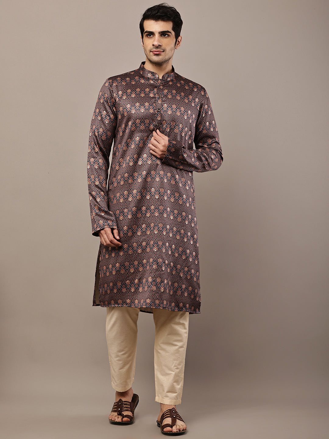 Men’s Brown Printed Kurta | SHOBITAM