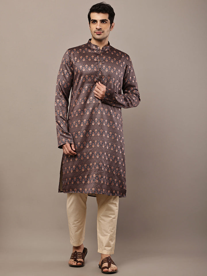 Men’s Brown Printed Kurta | SHOBITAM