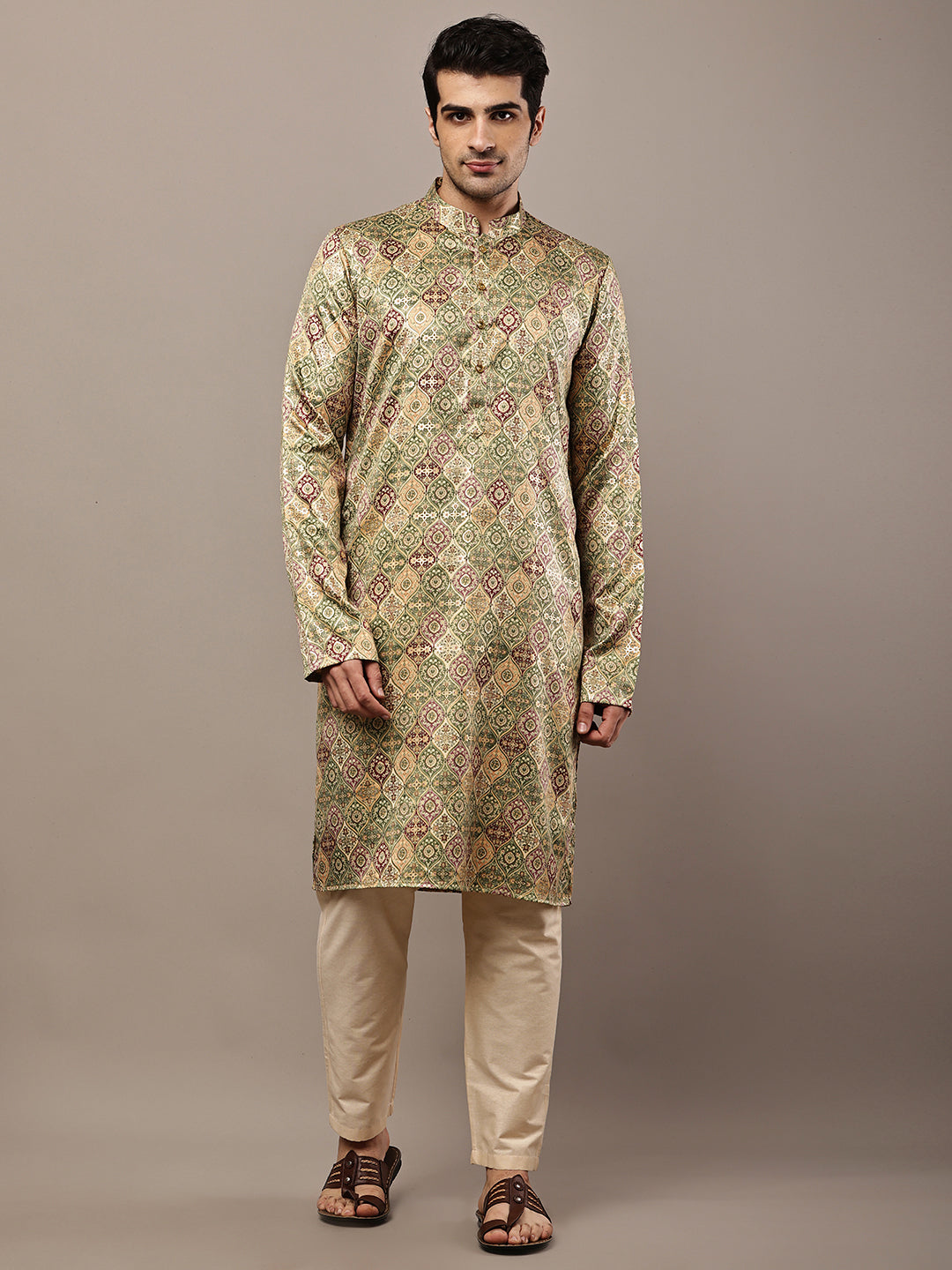 Men’s Olive Green Printed Kurta Pyjama Set | SHOBITAM
