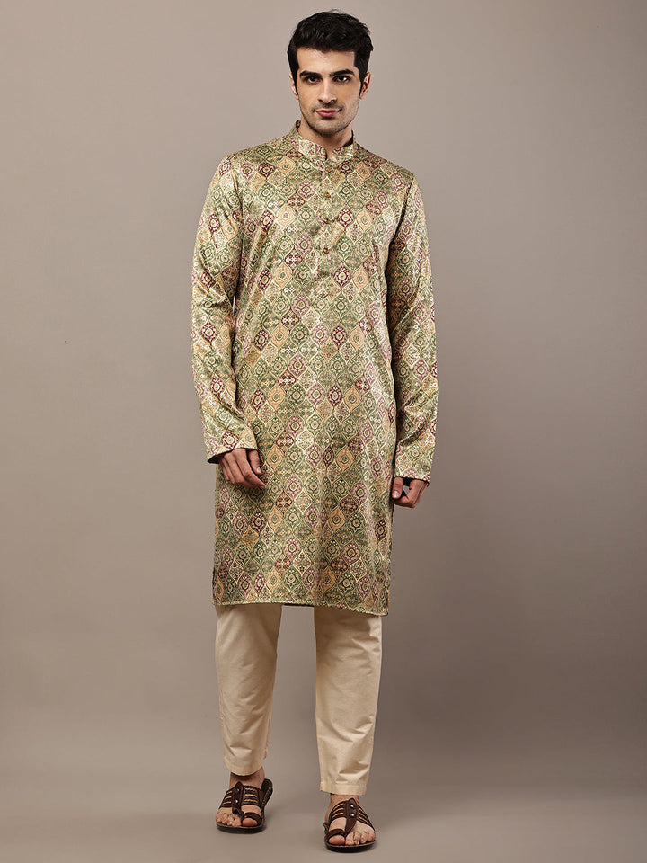 Men’s Olive Green Printed Kurta Pyjama Set | SHOBITAM