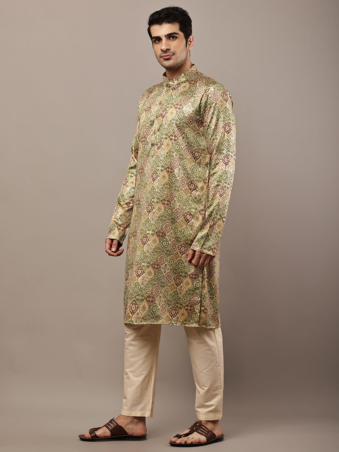 Men’s Olive Green Printed Kurta Pyjama Set | SHOBITAM