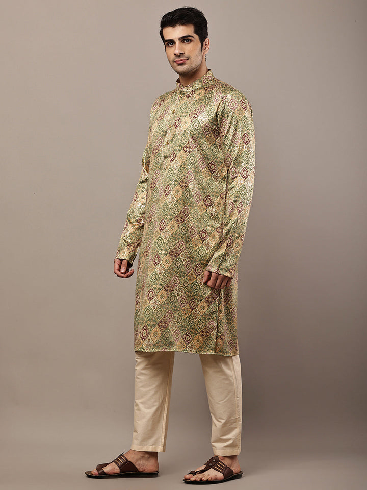 Men’s Olive Green Printed Kurta Pyjama Set | SHOBITAM
