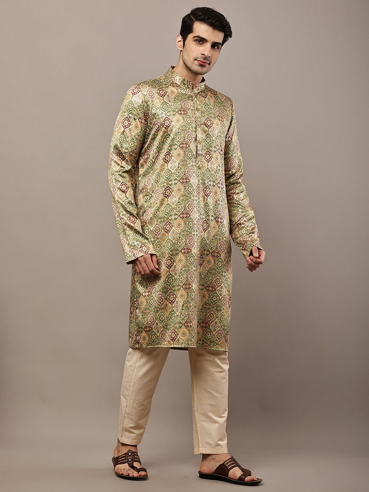 Men’s Olive Green Printed Kurta Pyjama Set | SHOBITAM