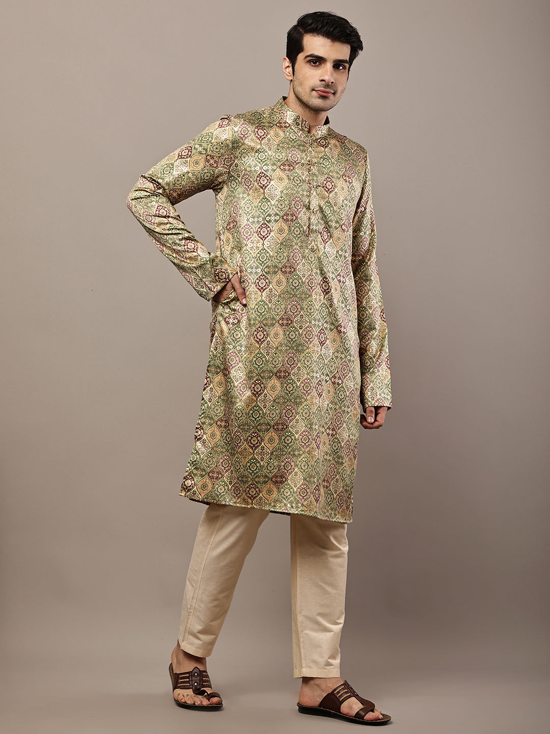 Viscose Men’s Olive Green Printed Kurta | SHOBITAM