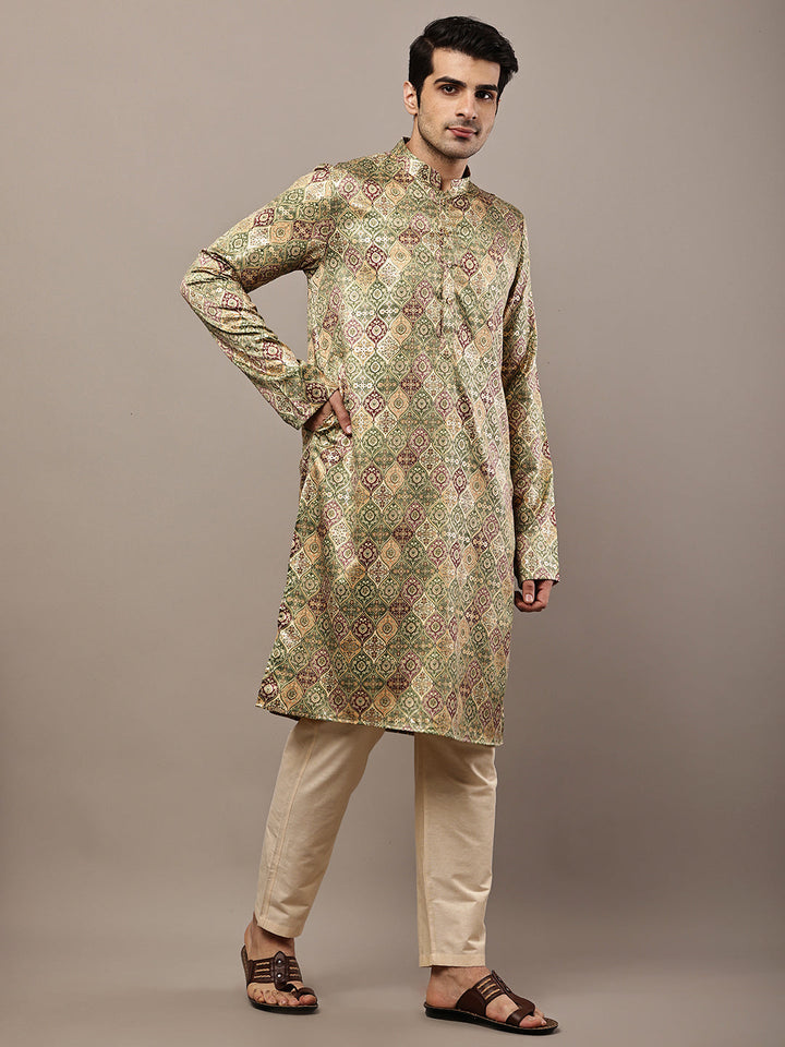 Men’s Olive Green Printed Kurta Pyjama Set | SHOBITAM