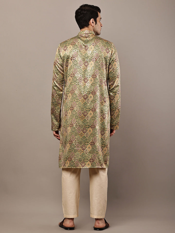 Men’s Olive Green Printed Kurta Pyjama Set | SHOBITAM