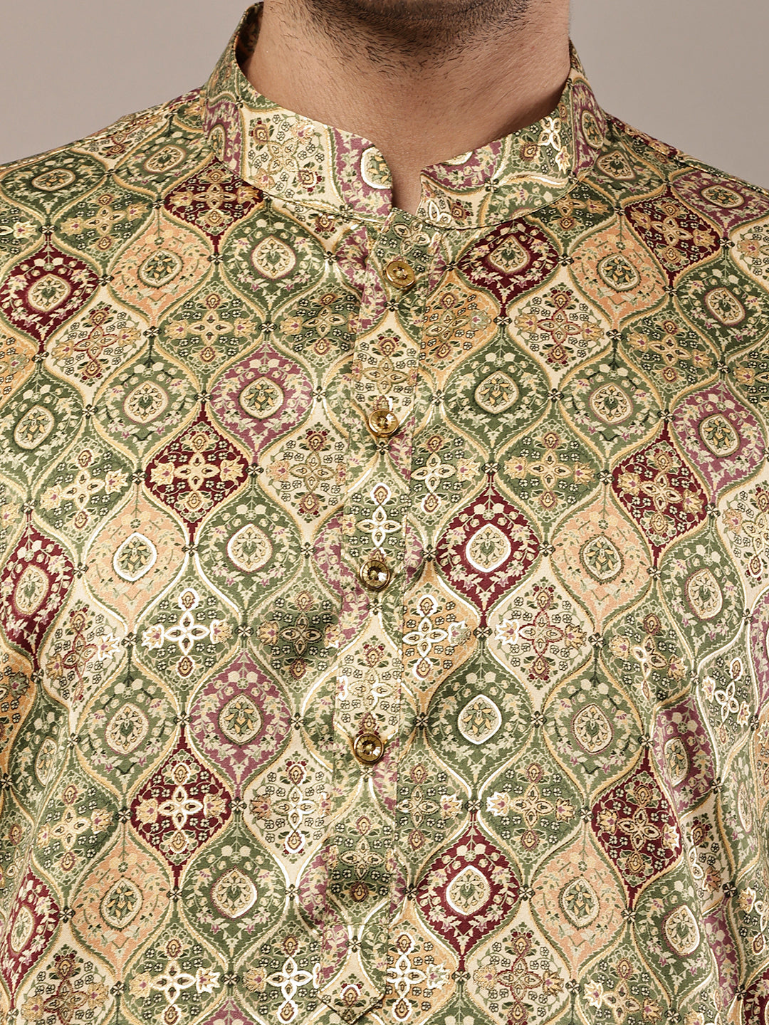 Men’s Olive Green Printed Kurta Pyjama Set | SHOBITAM