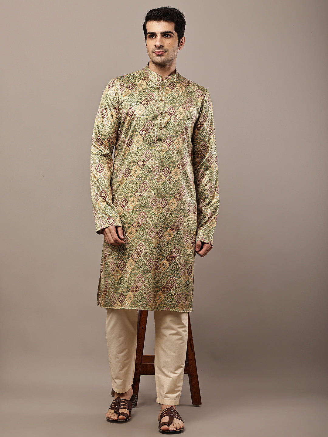 Viscose Men’s Olive Green Printed Kurta | SHOBITAM