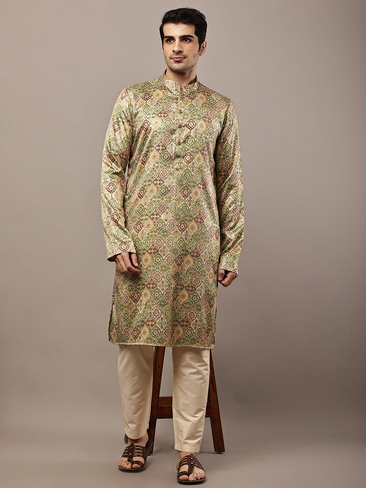Viscose Men’s Olive Green Printed Kurta | SHOBITAM