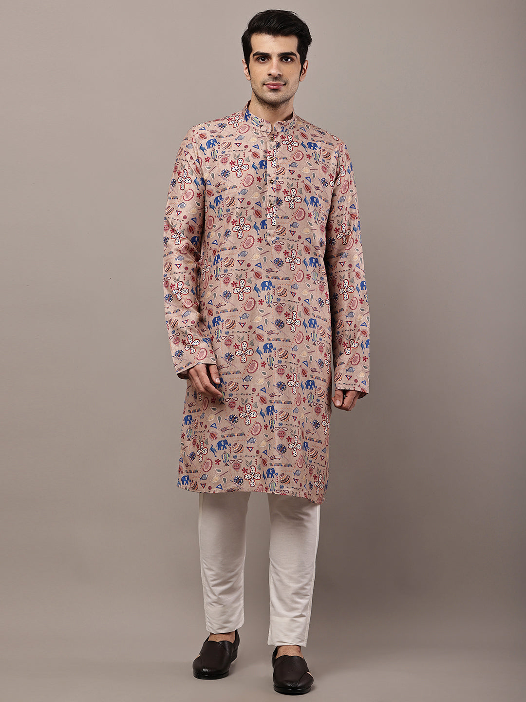 Men’s Beige Printed Kurta Pyjama Set | SHOBITAM