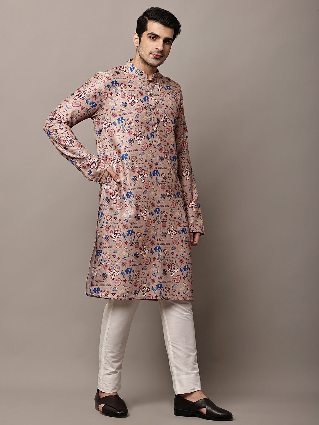 Men’s Beige Printed Kurta Pyjama Set | SHOBITAM