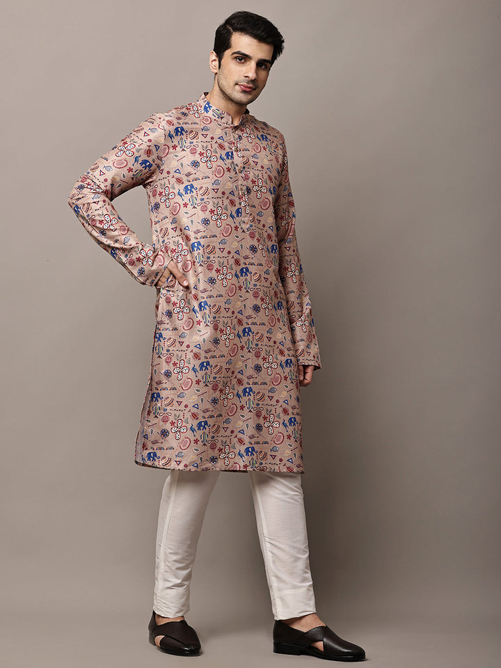 Men’s Beige Printed Kurta Pyjama Set | SHOBITAM