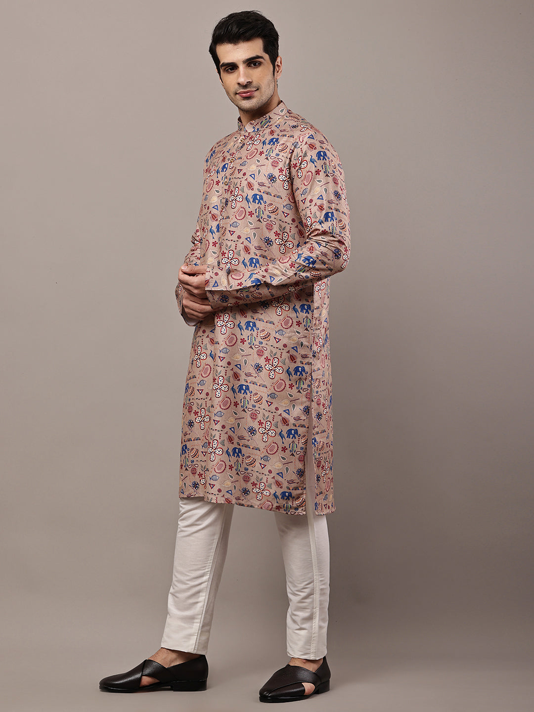 Men’s Beige Printed Kurta | SHOBITAM