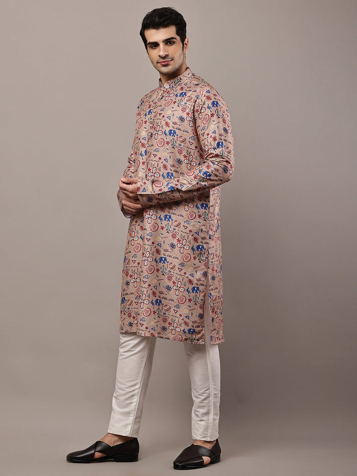 Men’s Beige Printed Kurta Pyjama Set | SHOBITAM
