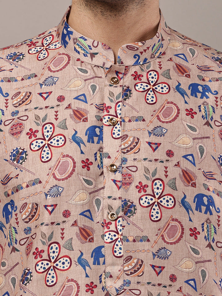 Men’s Beige Printed Kurta Pyjama Set | SHOBITAM