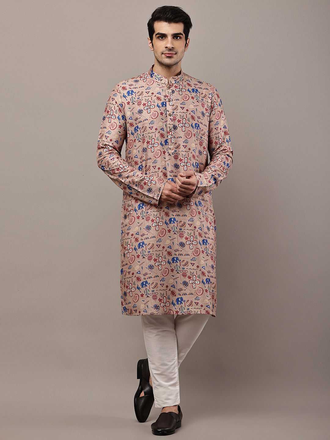 Men’s Beige Printed Kurta | SHOBITAM