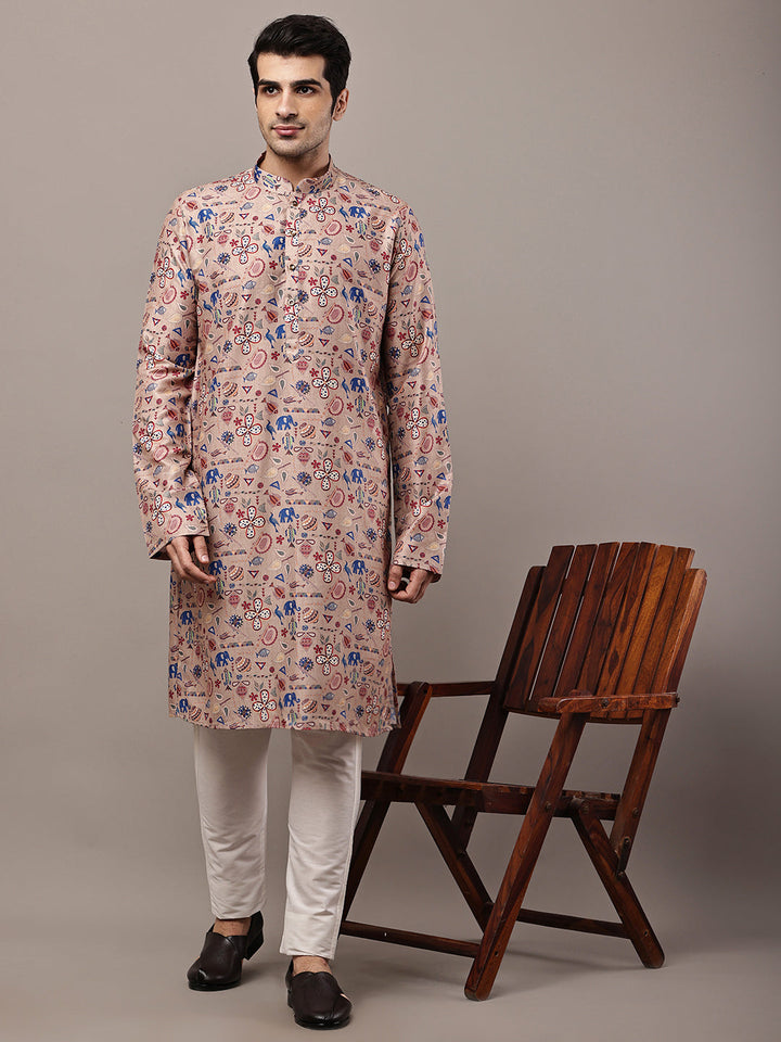Men’s Beige Printed Kurta | SHOBITAM
