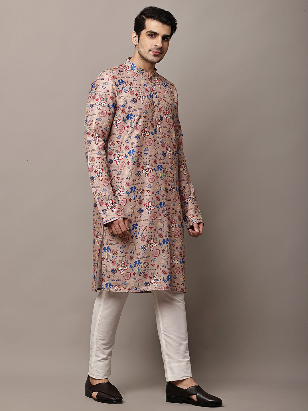 Men’s Beige Printed Kurta | SHOBITAM