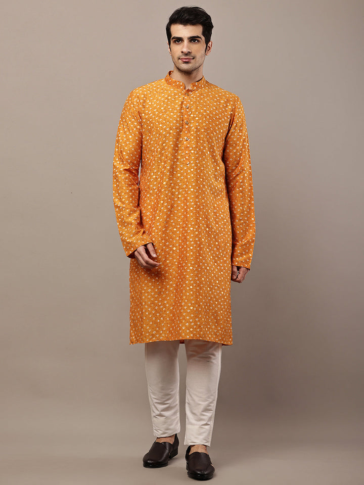 Men’s Mustard Printed Kurta Pyjama Set | SHOBITAM