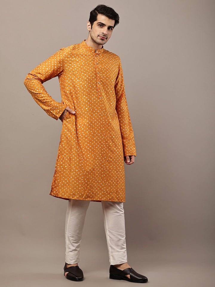 Men’s Mustard Printed Kurta Pyjama Set | SHOBITAM